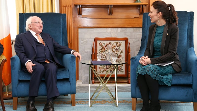 President Michael D Higgins meets with  Jacinda Ardern during his visit to the New Zealand parliament  in Wellington on Wednesday. Photograph:  Hagen Hopkins-Pool/Getty Images