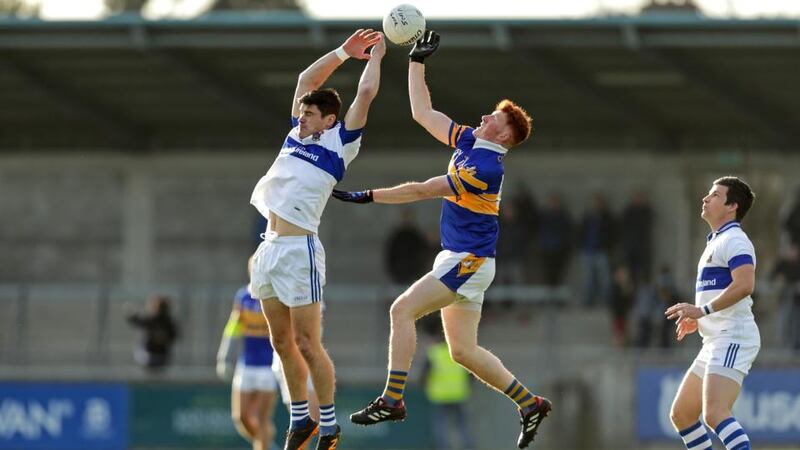 St Vincent’s Diarmuid Connolly jumps  for the ball with  Rob Shaw of Castleknock durig the Dublin SFC  quarter-final match at  Parnell Park on Sunday. Photograph:  Laszlo Geczo/Inpho