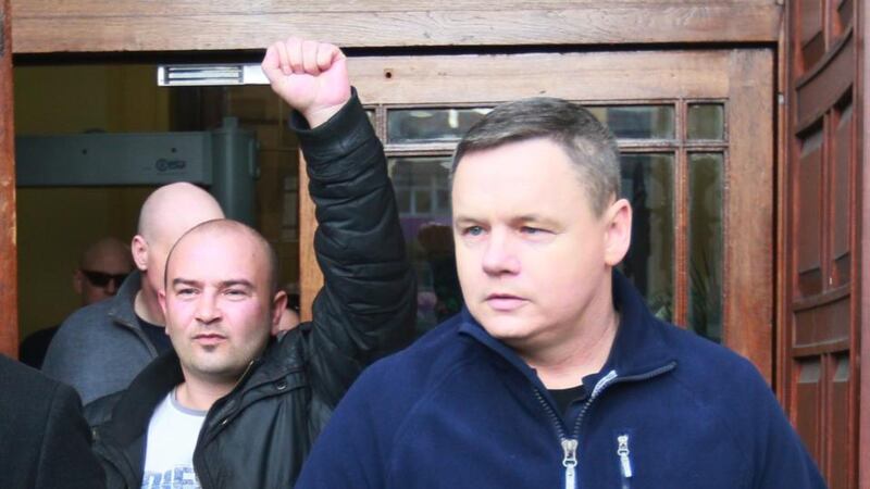 Water protesters Derek Byrne (left) and Paul Moore (right) after they and the other two jailed protesters, Bernie Hughes and Damien O Neill, were freed.  Photograph: Collins
