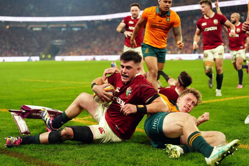 Dan Sheehan celebrates scoring a try for the Lions. Photograph: David Davies/PA