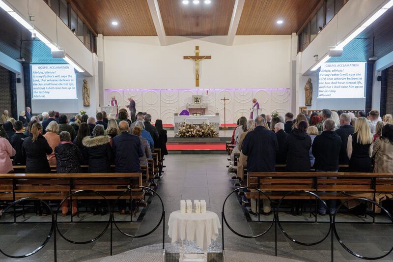 People at a service to mark the 30th anniversary of the Greysteel shooting at the Star of the Sea Church in Greysteel, Co Derry. Photograph: Liam McBurney/PA