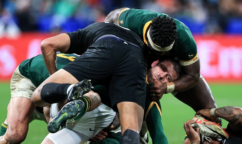 South Africa’s Siya Kolisi and Willie Le Roux during a ruck in the Rugby World Cup final against New Zealand. Photograph: Dan Sheridan/Inpho