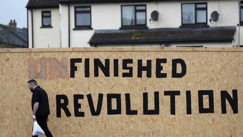 Dissident graffiti in the Creggan area rewritten after Lyra McKee’s death.  Photograph: Brian Lawless/PA