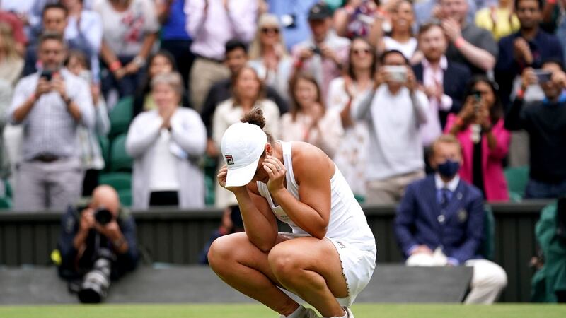 Australia’s  Ashleigh Barty reacts after winning her women’s singles final match against Karolina Pliskova of the Czech Republic on Centre Court at Wimbledon. Photograph:  Adam Davy/PA Wire