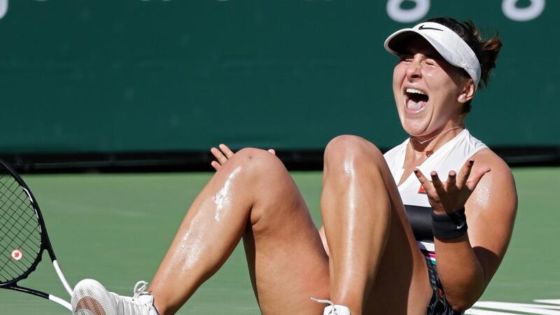 Bianca Andreescu  reacts after beating  Angelique Kerber in the final at Indian Wells.  Photograph: John G Mabanglo/EPA