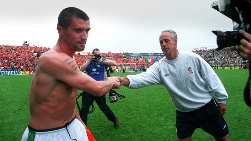 Roy Keane shakes hands with manager Mick McCarthy after the World Cup qualifier against Holland at Lansdowne Road on September 1st, 2001. Photograph: Lorraine O’Sullivan/Inpho