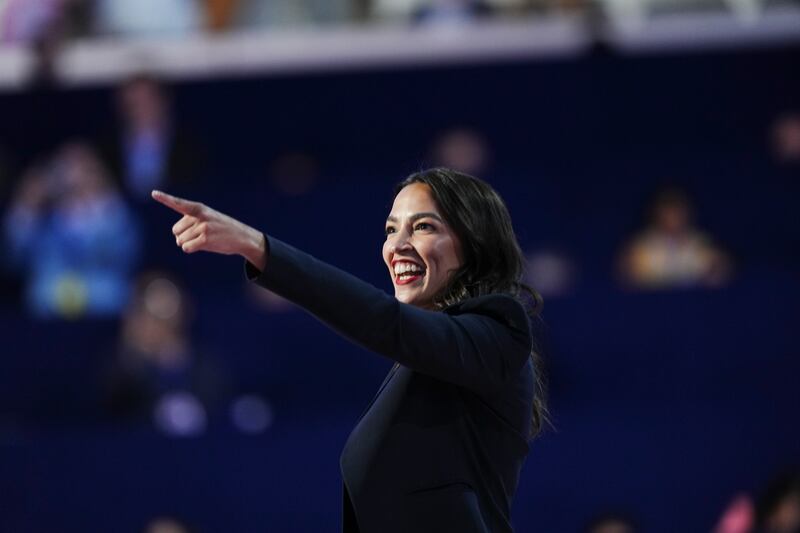 Alexandria Ocasio-Cortez speaks on the first night of the Democratic National Convention in Chicago. Photograph: Jamie Kelter Davis/New York Times
                      
