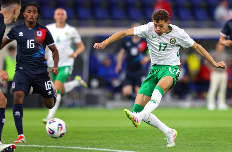 Ireland’s Kasey McAteer has a shot at the Luxembourg goal early in the second half.
Photograph: Ryan Byrne/Inpho
