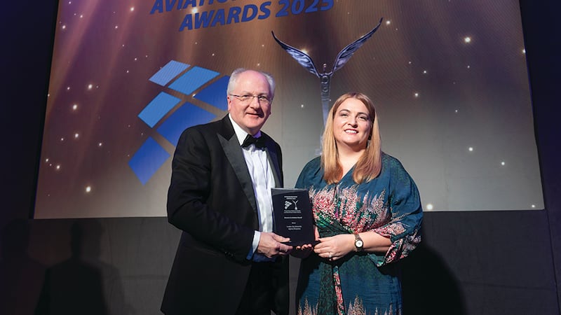 John McMahon, awards judge, presents the women in aviation award to Marina Efthymiou, Dublin City University