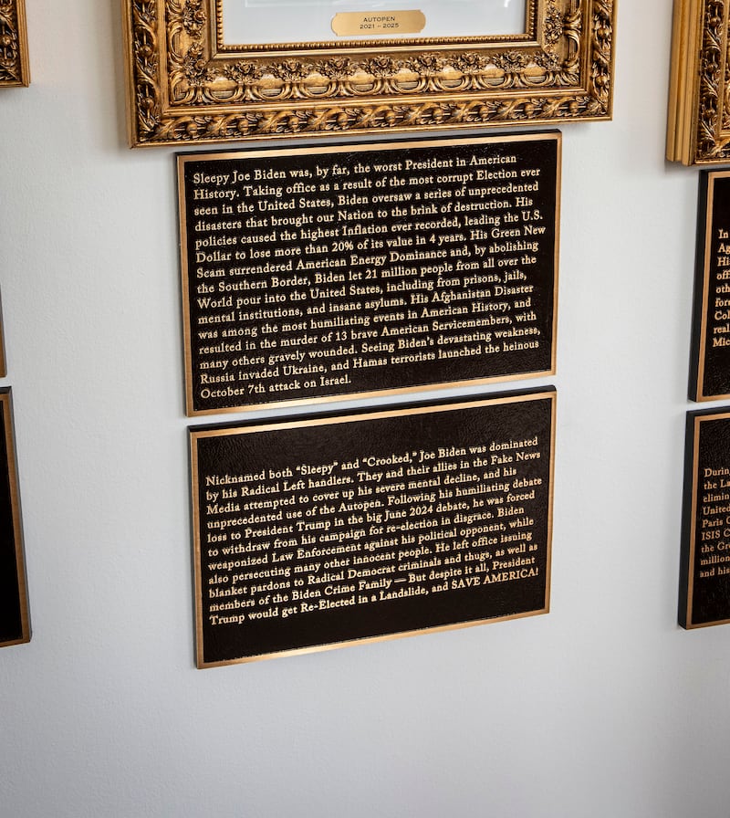 A plaque focused on former president Joe Biden. Photograph: Doug Mills/The New York Times