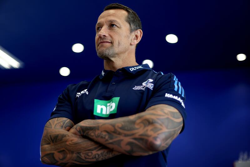 Carlos Spencer speaks to reporters in November 2022 after being named Blues women's backs coach for Super Rugby Aupiki 2023. Photograph: Phil Walter/Getty