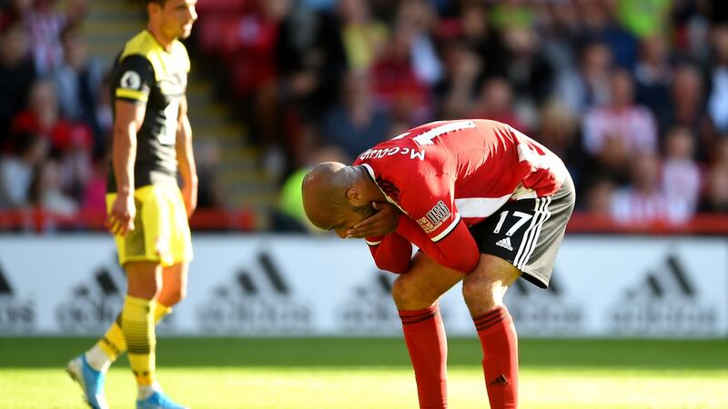 David McGoldrick of Sheffield United reacts during the  defeat to Southampton. Photograph: Nathan Stirk/Getty Images
