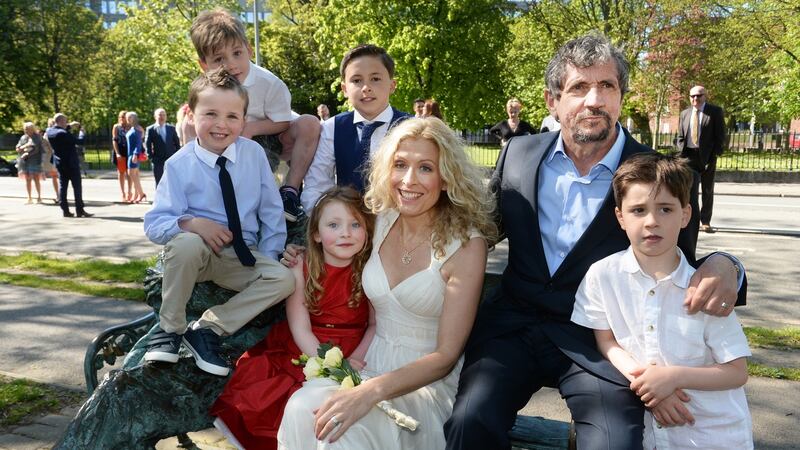 Charlie Bird and Claire Mould with Ms Mould’s nephews Josh and Luke,  and Mr Bird’s grandchildren Hugo and Charlie O’Dowd and Abigal Redmond Photograph: Cyril Byrne/The Irish Times