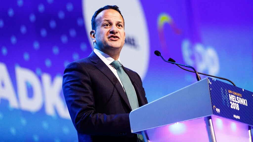 Taoiseach Leo Varadkar  delivers a speech during the European People’s Party (EPP) congress in Helsinki, Finland. Photograph: Roni Rekomaa/Bloomberg.