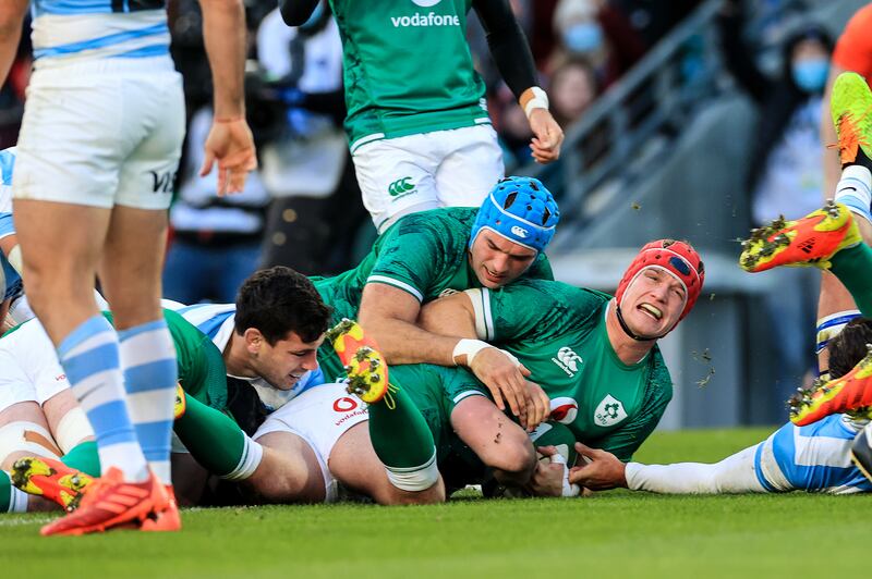 Josh van der Flier scores a try against Argentina during the Autumn Nations Series clash at the Aviva Stadium. He crowned a memorable season by being voted World Player of the Year. Photograph: Billy Stickland/Inpho 
