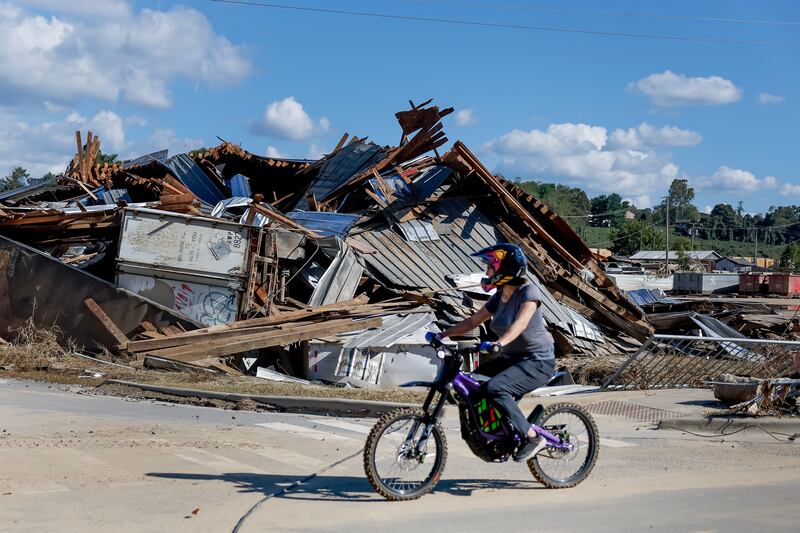 A collapsed building in the river arts district following catastrophic flooding caused by Tropical Storm Helene in Asheville, North Carolina, USA. Photograph: Erik S Lesser/EPA