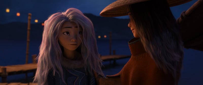 Sisu takes on a human form in the film (left) and learns the ways Kumandra has changed as she and Raya team up to save the world from the destructive Drunn. Photograph: Disney 2020