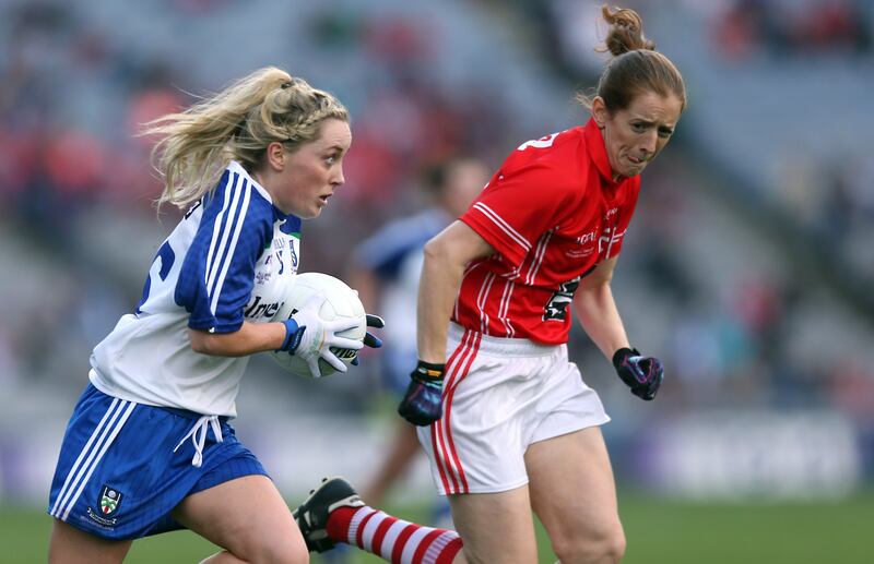 Ciara McAnespie of Monaghan with Anne Marie Walsh of Cork. Photograph: Donall Farmer/Inpho