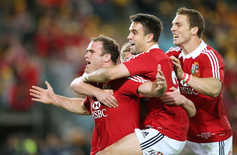Jamie Roberts celebrates with teammates Conor Murray and George North after scoring the Lions' fourth try during a Test match against Australia in Sydney in 2013. Photograph: David Rogers/Getty Images
