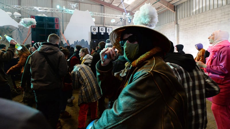 People dance during a party in a disused hangar in Lieuron about 40km on south of Rennes, on January 1st. Photograph: Jean-Francois Monier/AFP/Getty