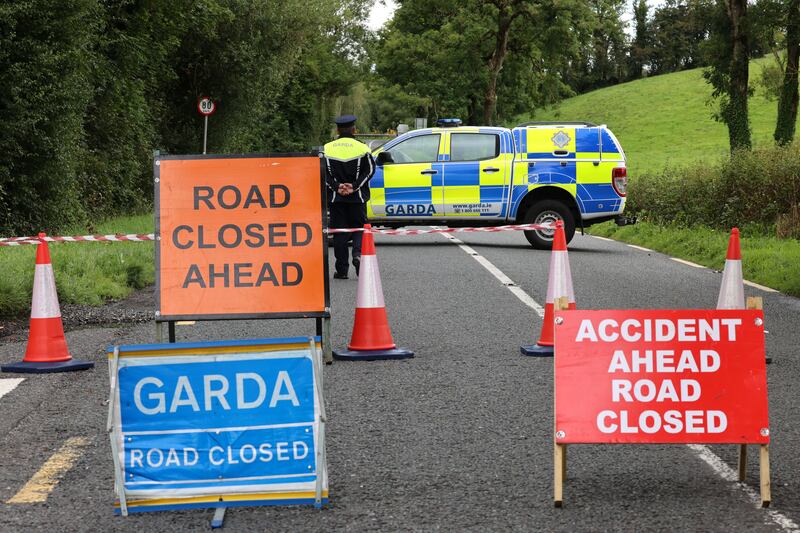 A Garda roadblock near the scene of a the fatal crash in Monaghan on Monday evening. Photograph: Dara Mac Dónaill