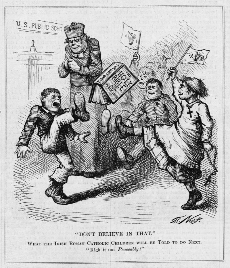 An anti-Catholic cartoon by Thomas Nast circa 1871. An Irish Roman Catholic priest seems pleased as children kick a bible. Photograph:  CORBIS/Corbis via Getty Images