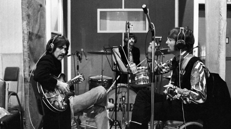 George Harrison, Ringo Starr and John Lennon during the recordings of Sgt Pepper’s Lonely Hearts Club Band. Photograph:  Henry Grossman/Govinda Gallery/Washington Post
