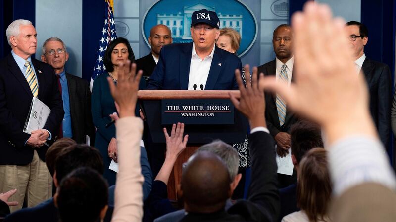 US President Donald Trump takes questions from reporters during a press briefing about coronavirus . Photograph Jim Watson/AFP  via Getty Images