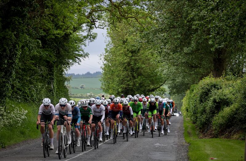 The main bunch on the road to Enniscorthy during Friday's stage. Photograph: Lorraine O'Sullivan  