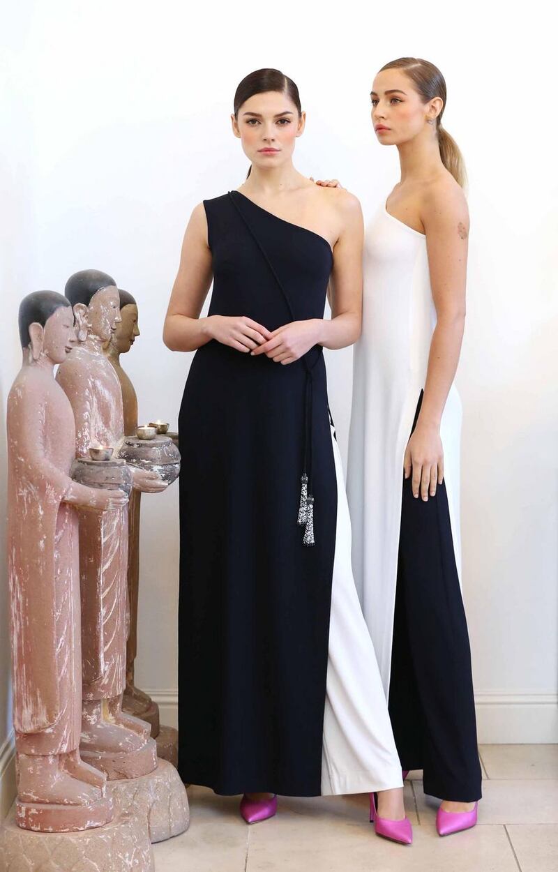 Kelly (L) wearing Yasmin Navy Jersey Tunic (€895), Rachel Crepe White Trousers (€495) and Thalia wearing Yasmin White Jersey Tunic (€895), Rachel Crepe Navy Trousers (€495). Photograph: Sasko Lazarov/Photocall Ireland