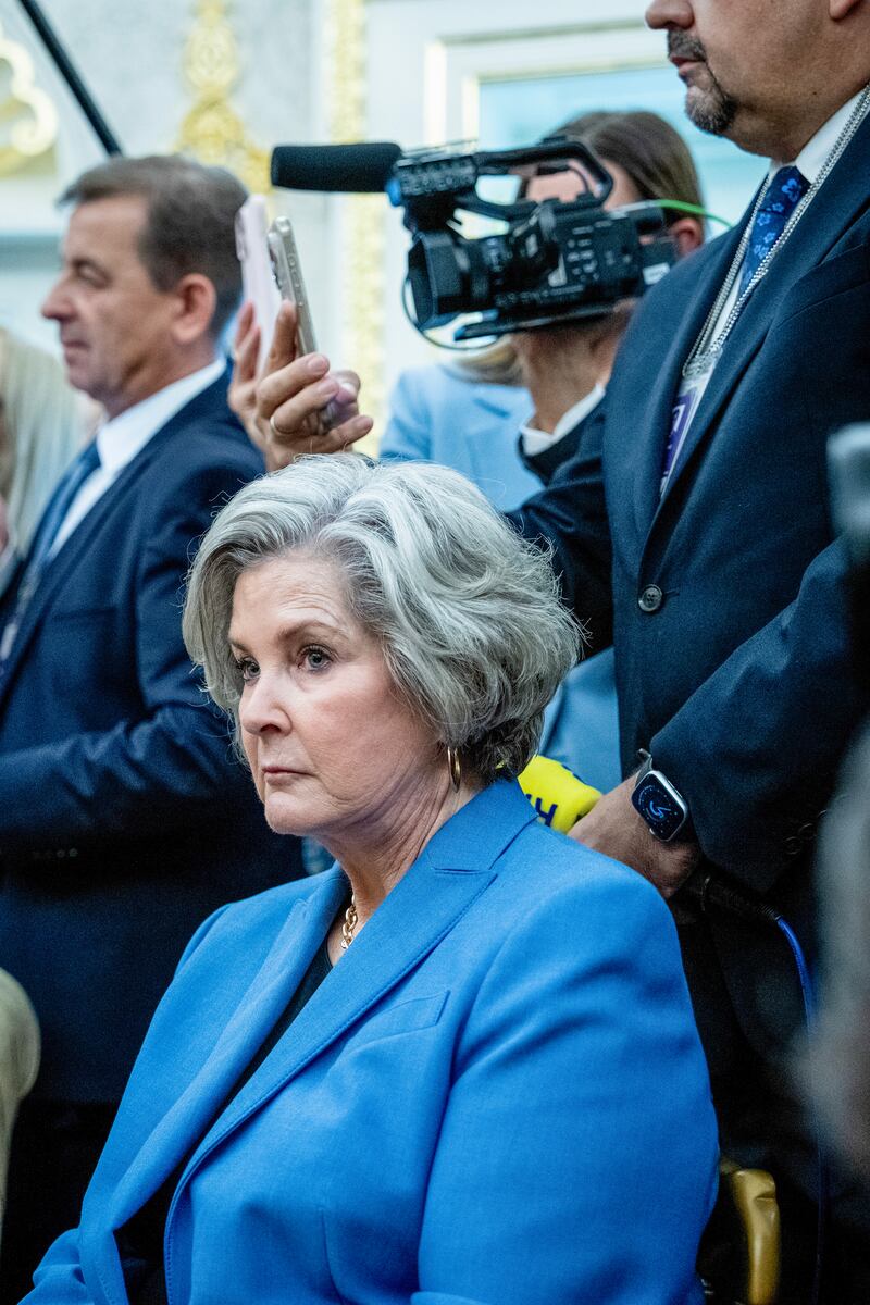 Susie Wiles, the White House chief of staff, attends a meeting in the Oval Office. Photograph: Haiyun Jiang/The New York Times
                      