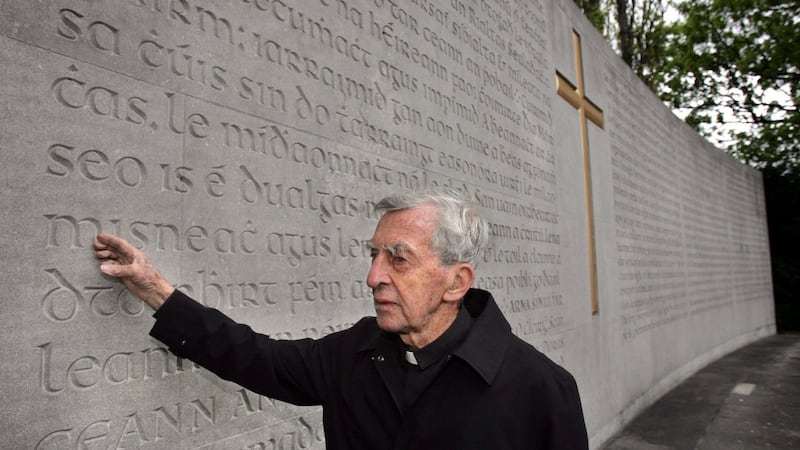 Fr Joe Mallin,  son of the Irish patriot Michael Mallin,  views the proclamation memorial following the 1916 Commemoration Ceremony at Arbour Hill, Dublin. Photograph: Matt Kavanagh