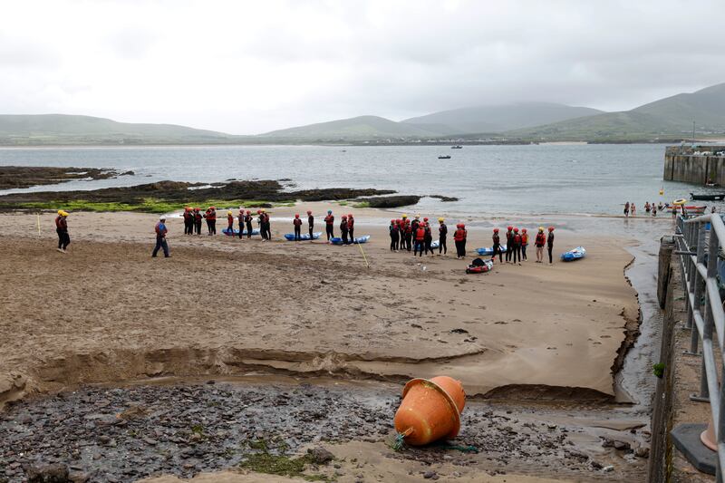 Students gather into groups for team kayaking. Photograph: Nick Bradshaw/The Irish Times