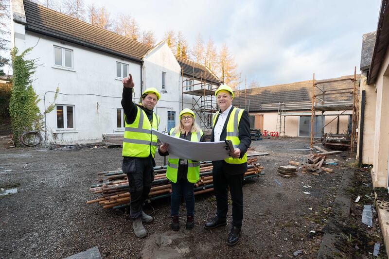 From left: Colm O'Gorman, Lymar Contracts; Colette Bullock, HR business partner at Atlantic Aviation Group; and Edward Manley, head of production AAG, viewing the work in progress on accommodation for AAG staff at Sixmilebridge, Co Clare. Photograph:  Eamon Ward