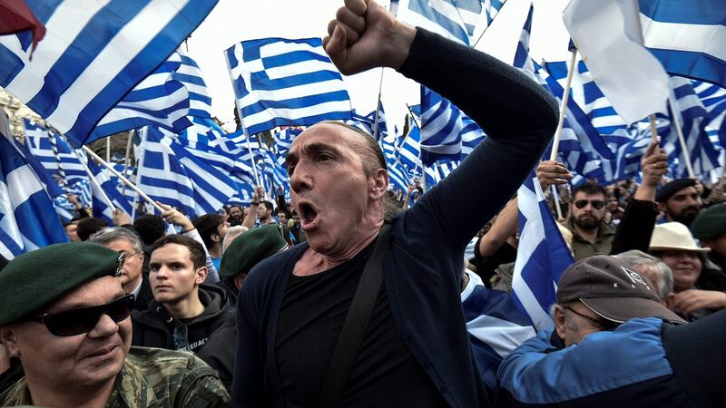 People demonstrate in Athens on Sunday against the  North Macedonia naming deal. Photograph: Louisa Gouliamaki/AFP/Getty Images