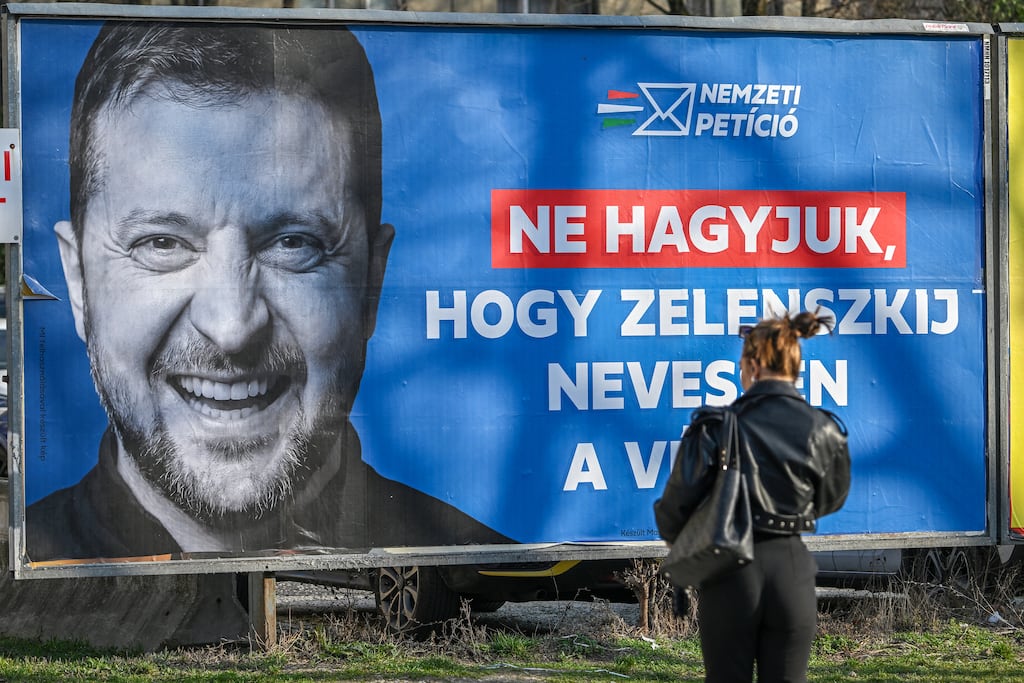 A pro-government billboard featuring a portrait of Ukrainian president Volodymyr Zelenskiy with the text reading: ‘Let's not let Zelenskiy have the last laugh.’ Photograph: Attila Kisbenedek/AFP/Getty Images