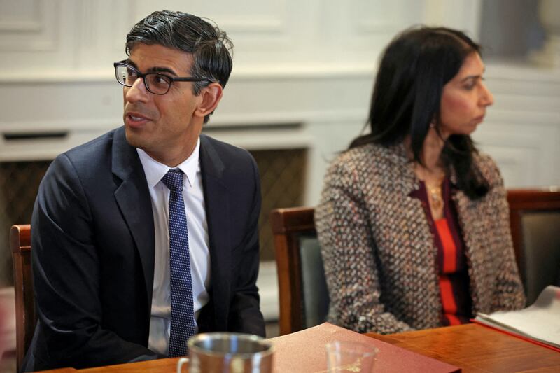 British prime minister Rishi Sunak and Suella Braverman. Sunak dismissed Braverman and brought David Cameron into the cabinet.   Photograph: Phil Noble/PA Wire 