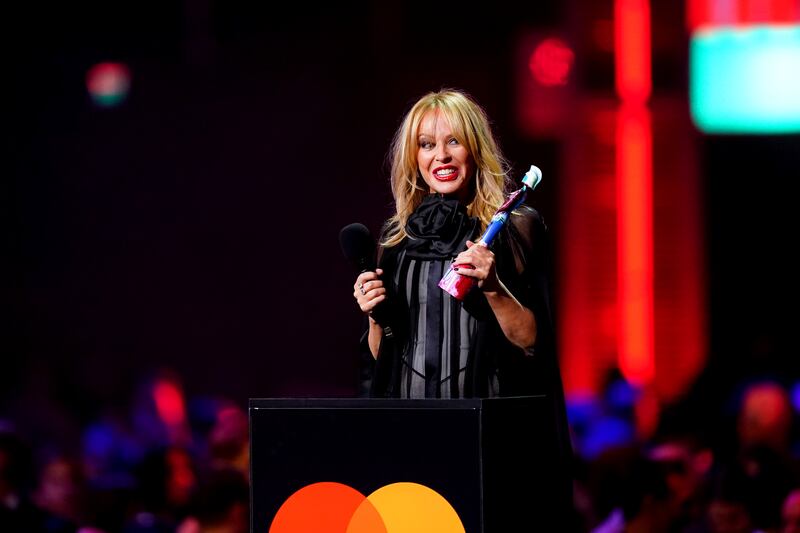 Kylie Minogue after winning the global icon award at the Brit Awards in London. Photograph: James Manning/PA