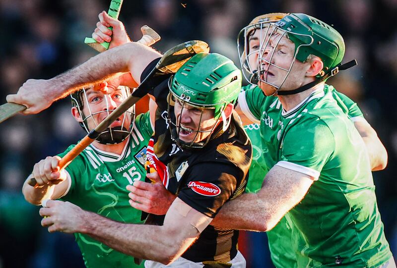 Kilkenny's Eoin Cody is challenged by Peter Casey, Adam English and William O'Donoghue of Limerick during last Sunday's Division 1A match at the Gaelic Grounds. Photograph: Tom Maher/Inpho