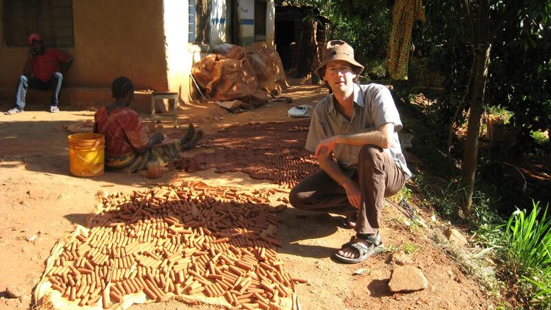 Manchán Magan outside a clay-biscuit making house in the Uluguru Mountains in Tanzania. Photograph: Manchán Magan