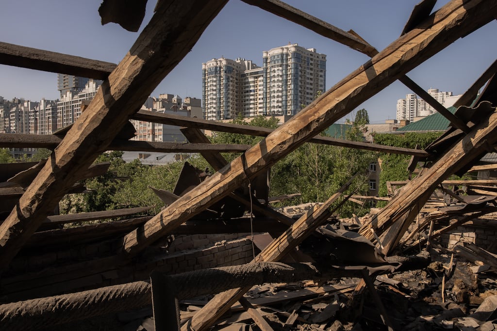 A roof of a residential building that was damaged during a Russian drone attack on Kyiv. Photograph: Roman Pilipey/Getty Images