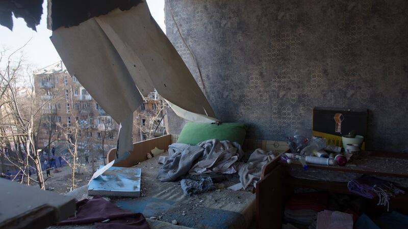 A view of a flat which got destroyed as a result of a missile strike in  Kyiv, Ukraine. Photograph: Anastasia Vlasova/Getty Images