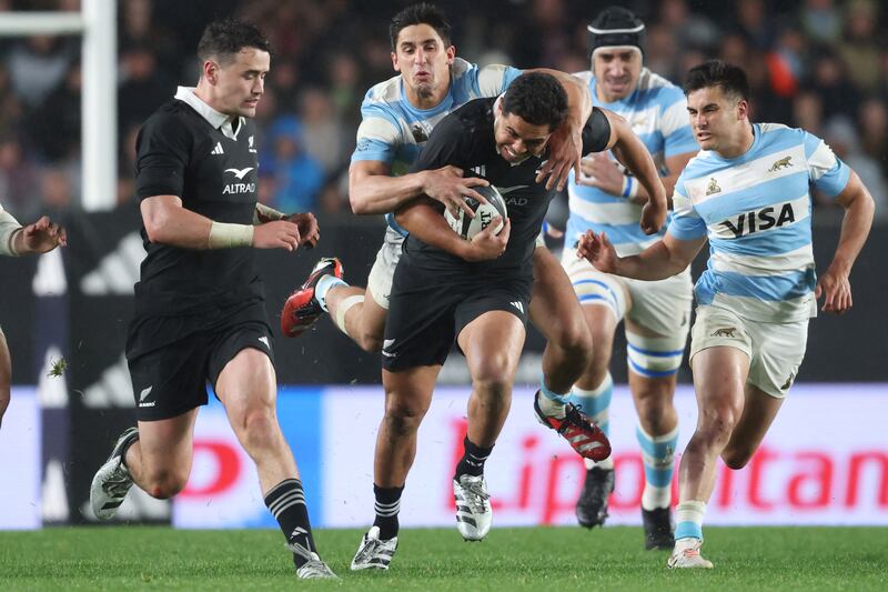 New Zealand's Anton Lienert-Brown is tackled during the Rugby Championship Test match against Argentina at Eden Park in Auckland. Photograph: Michael Bradley/AFP via Getty Images

