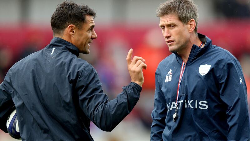 Racing 92 assistant coach Ronan O’Gara and Dan Carter before the Champions Cup game against Munster at  Thomond Park in October 2017. Photograph: Bryan Keane/Inpho