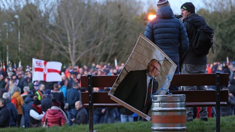 A poster of the leader of the Ulster Unionist Party, Doug Beattie, during a rally in opposition to the Northern Ireland protocol at Brownlow House in Lurgan, Co  Armagh. Photograph: Liam McBurney/PA Wire