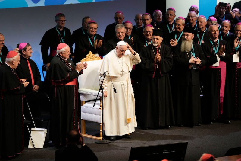 Pope Francis leaves after attending the final session of the Rencontres Mediterraneennes meeting at the Palais du Pharo, Marseille. Photograph: Pavel Golovkin/AP