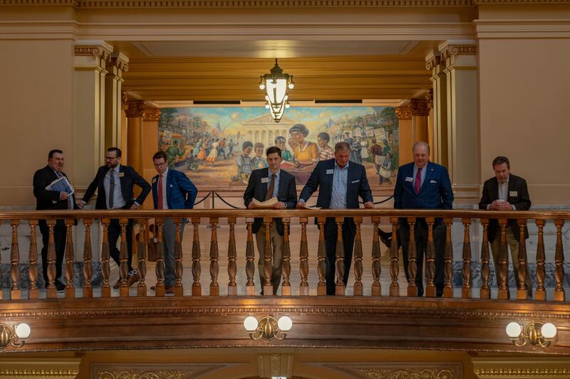 Lobbyists watch sports betting legislative proceedings in the Kansas state capitol building. Photograph: The New York Times