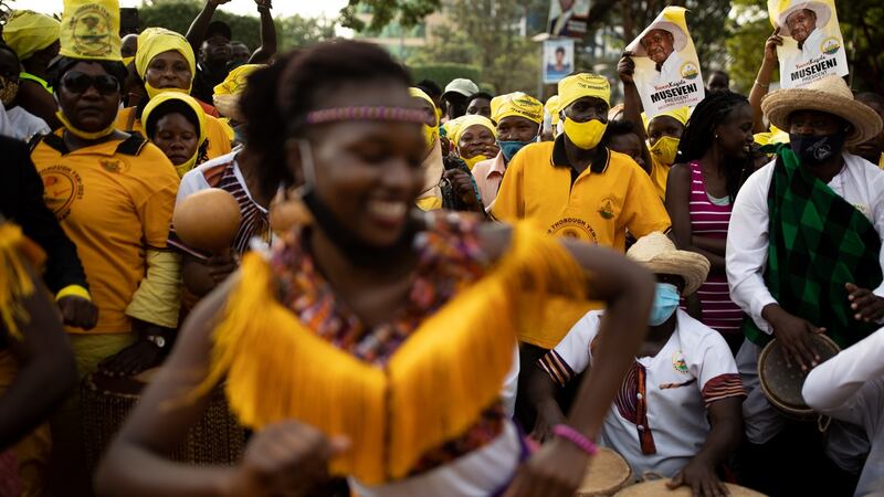 Supporters of president Yoweri Museveni celebrate in Kampala, Uganda on Thursday. Photograph: Luke Dray/Getty Images