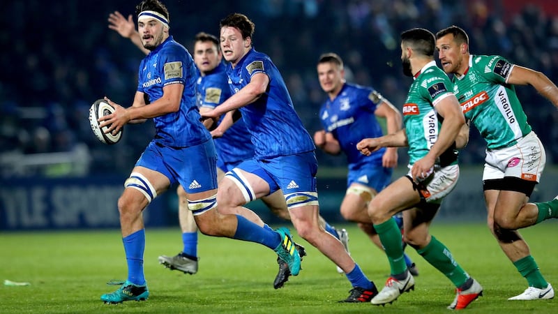 Max Deegan makes a break which led to a Leinste try during the Guinness Pro 14 game against  Benetton at the RDS. Photograph: Ryan Byrne/Inpho