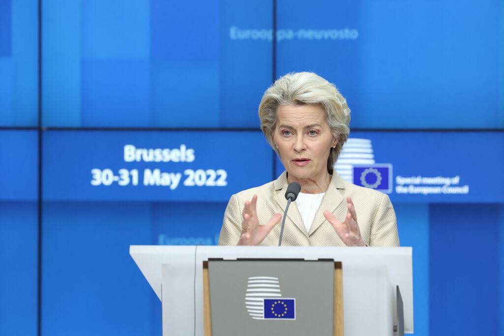 European Commission president Ursula von der Leyen in Brussels on Tuesday after EU leaders agreed to a sixth package of sanctions that will see the majority of Russian oil stopped, but exempted supplies by pipeline in a concession to hold-out Hungary. Photograph: Kenzo Tribouillard/ AFP via Getty Images